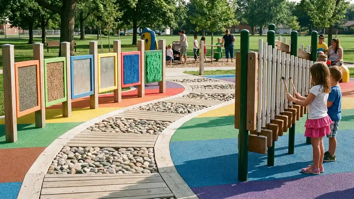 Sensoryczny plac zabaw z fakturowaną ścieżką i instrumentami stymulującymi zmysły dzieci na świeżym powietrzu.